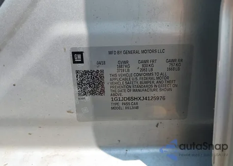 2018 Chevrolet Sonic Lt Auto from USA, damaged, VIN 1G1JD6SHXJ4125976